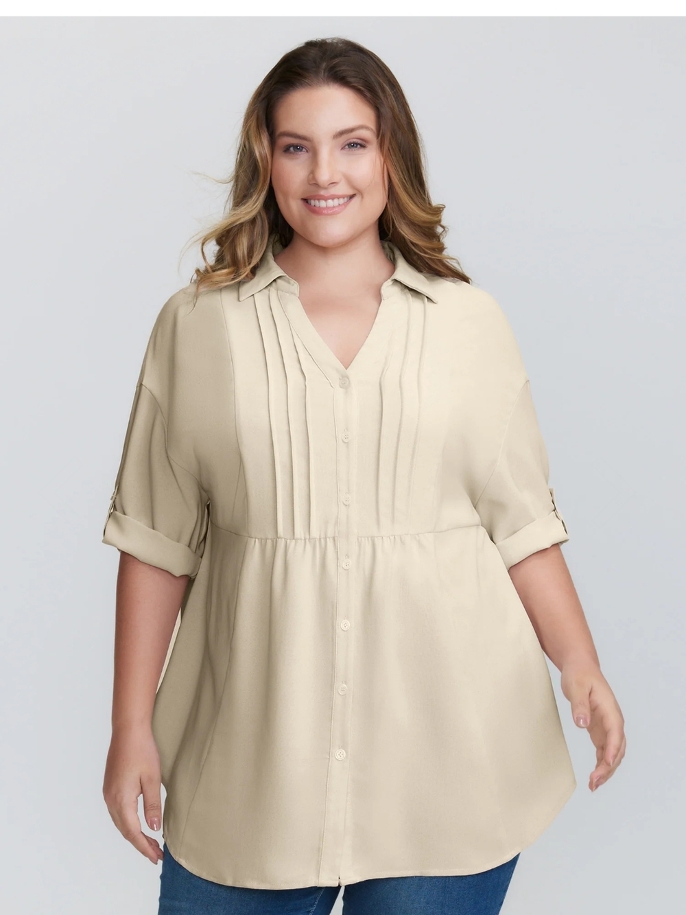 NWT BloomChic Cream Pleated Button-Front Tunic Blouse